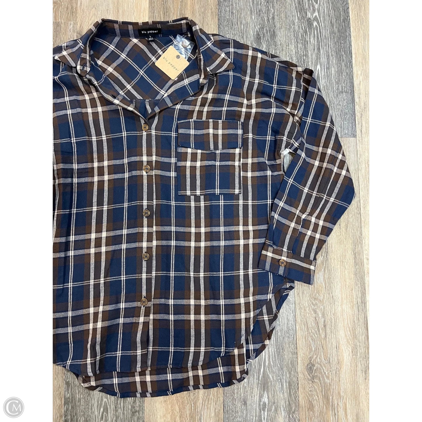 Blouse Long Sleeve By Blu Pepper In Plaid Pattern, Size: L