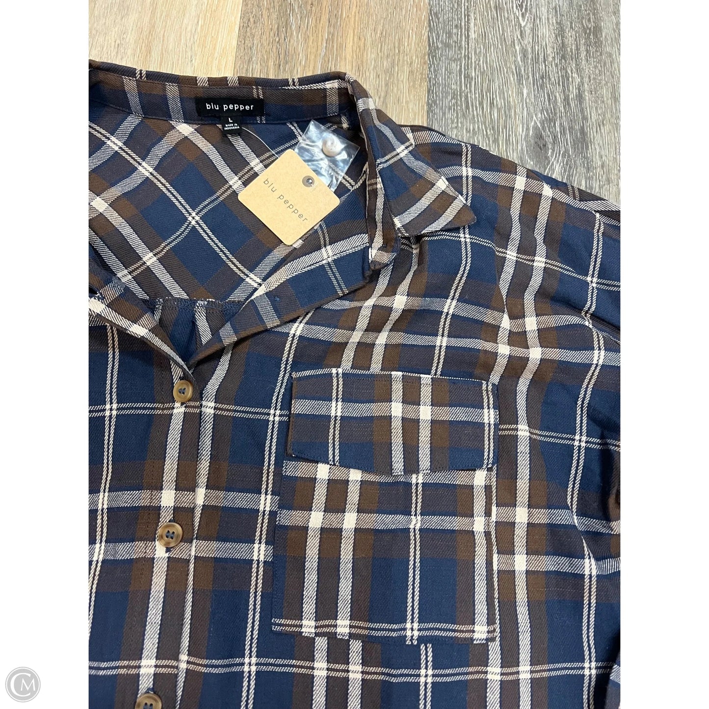 Blouse Long Sleeve By Blu Pepper In Plaid Pattern, Size: L