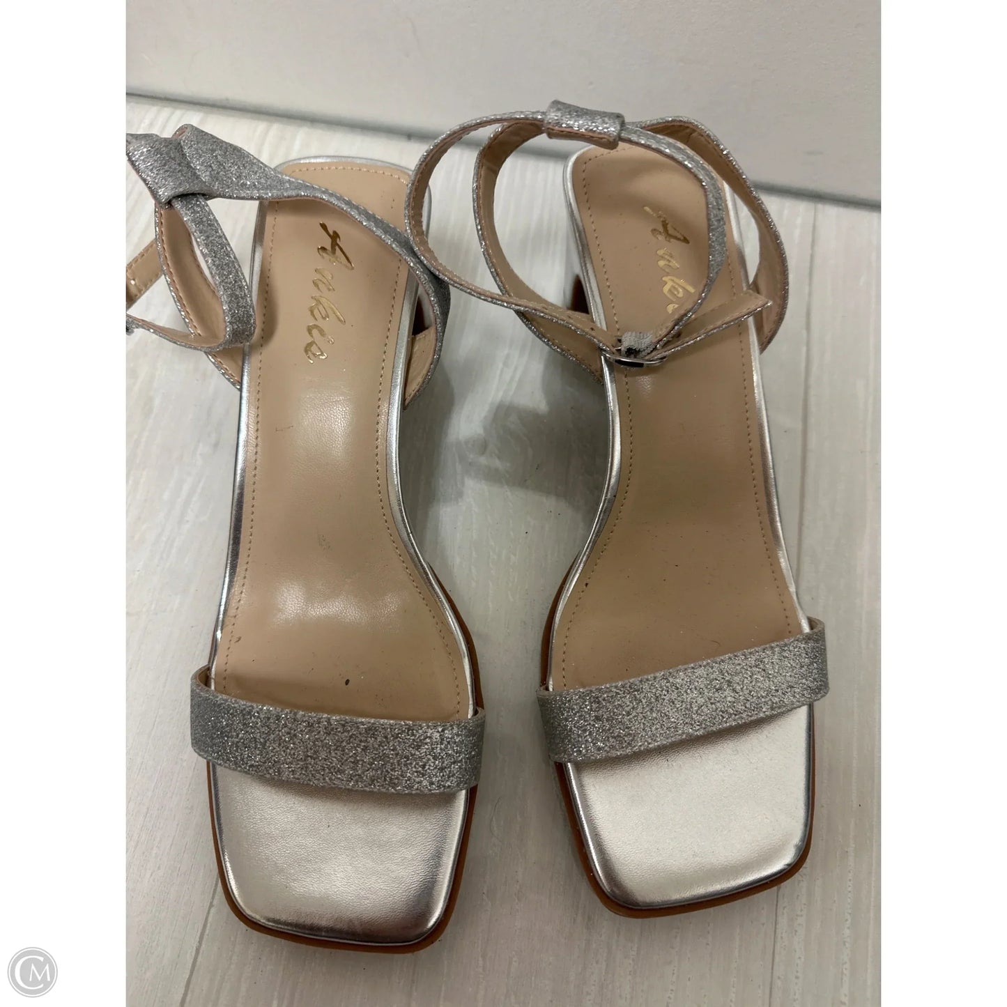 Sandals Heels Block By Clothes Mentor In Silver, Size: 7.5