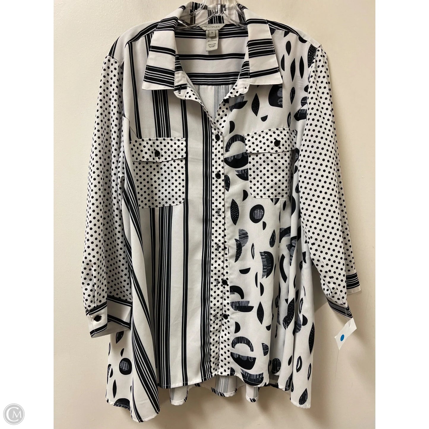 Tunic Long Sleeve By Multiples In Black & White, Size: 1x