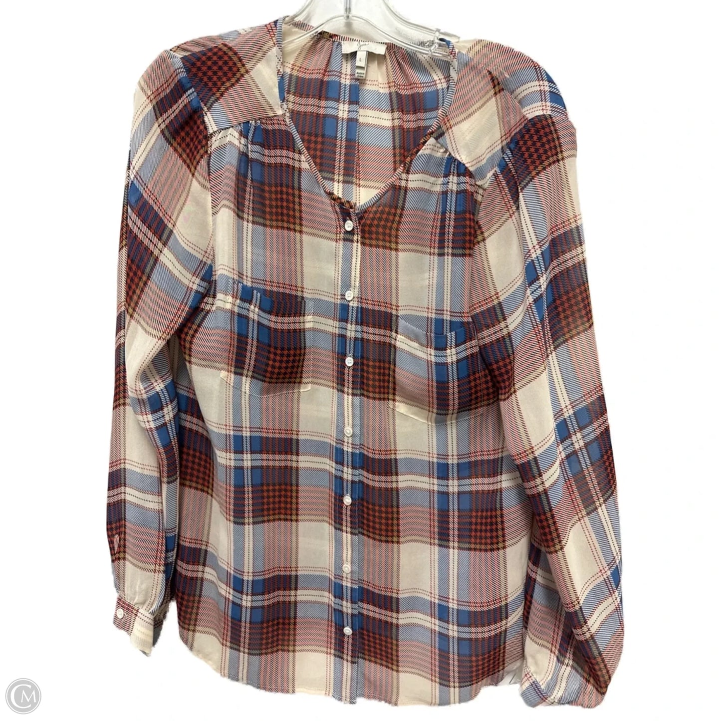Blouse Long Sleeve By Joie In Plaid Pattern, Size: L
