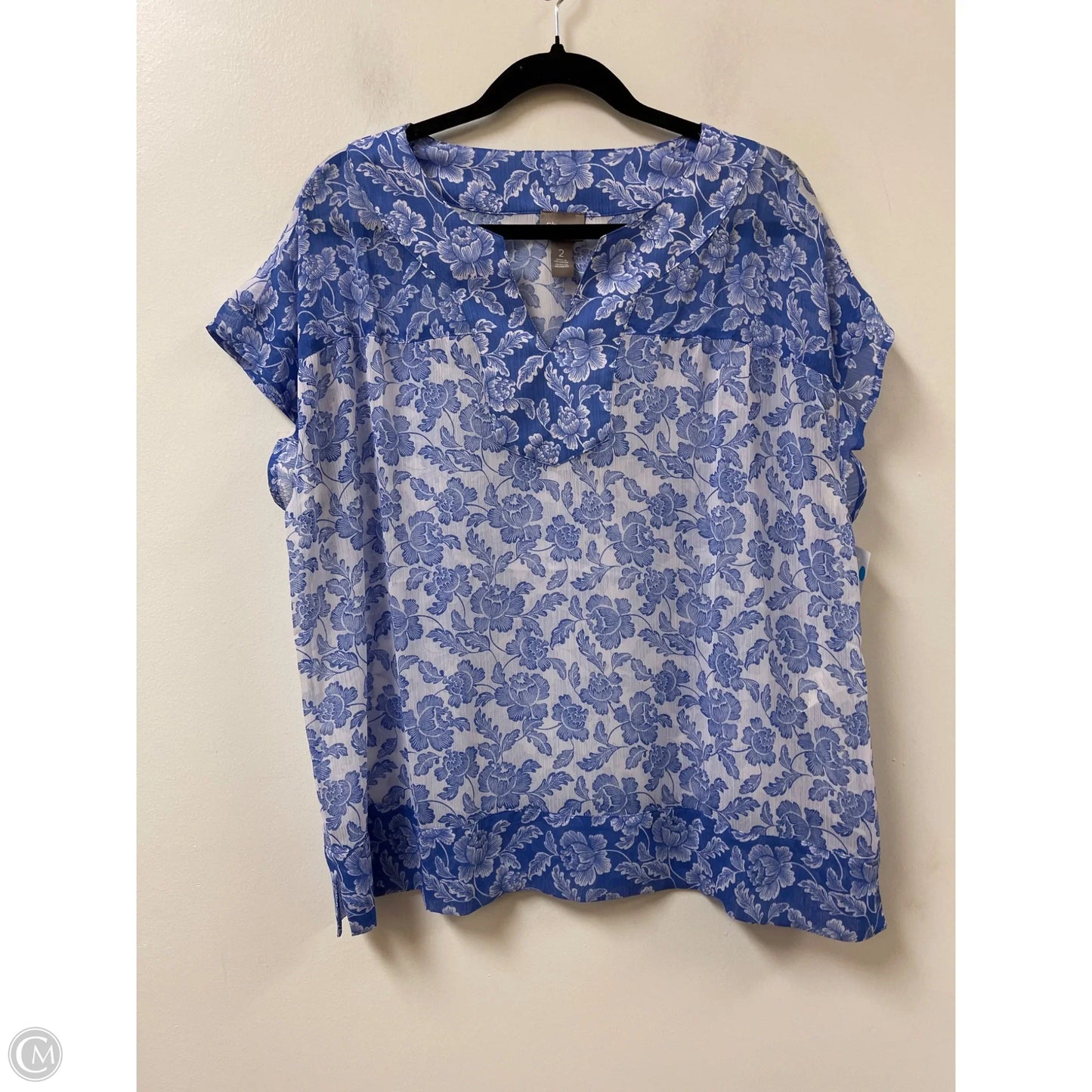 Top Short Sleeve By Chicos In Blue & White, Size: L