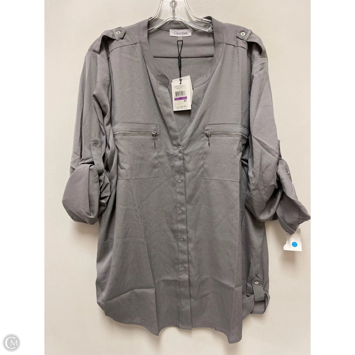 Blouse Long Sleeve By Calvin Klein In Grey, Size: 1x