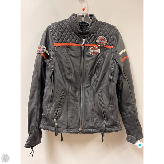 Jacket Moto Leather By Harley Davidson In Black & Orange, Size: M