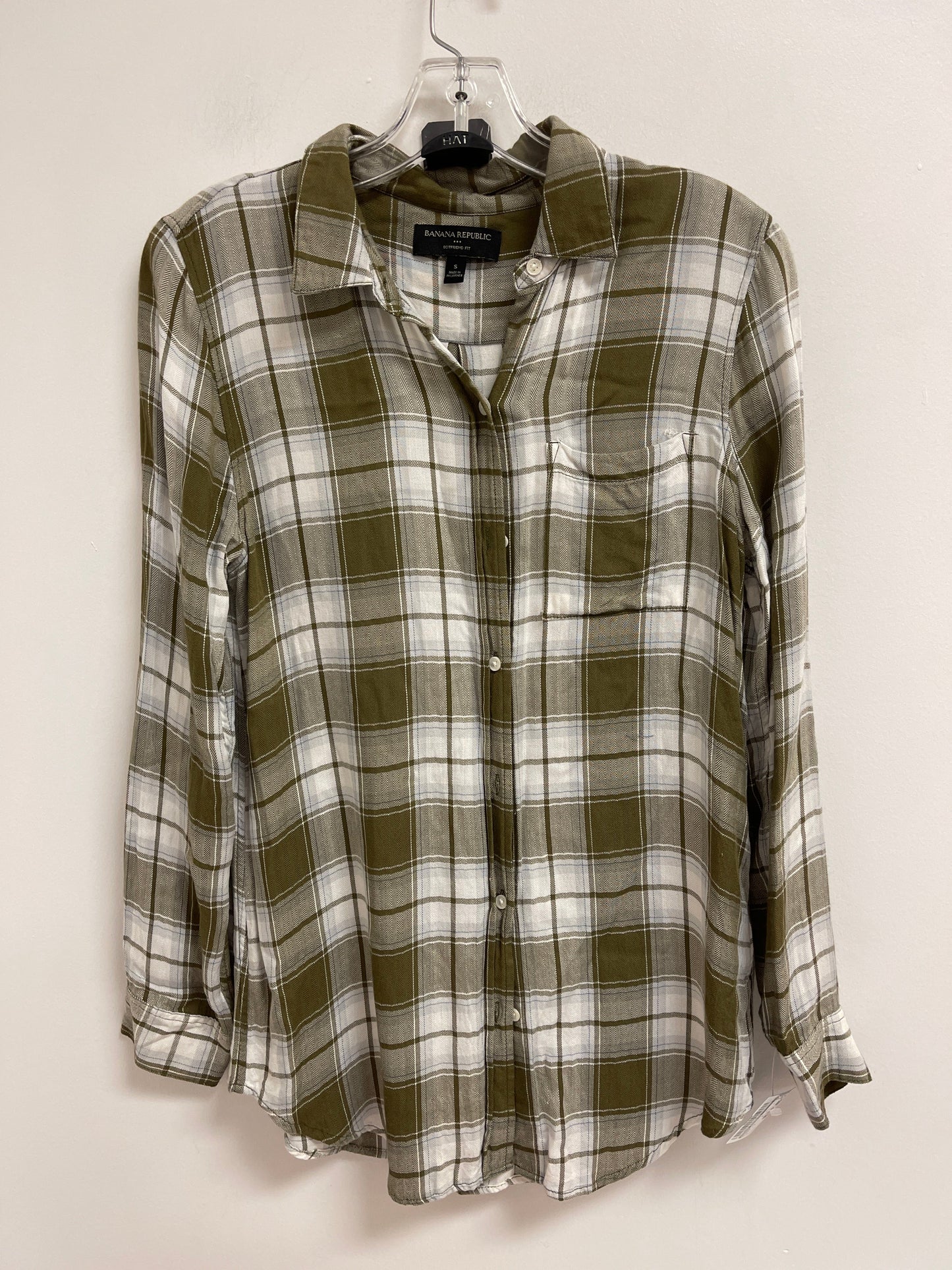 Blouse Long Sleeve By Banana Republic In Green & White, Size: S