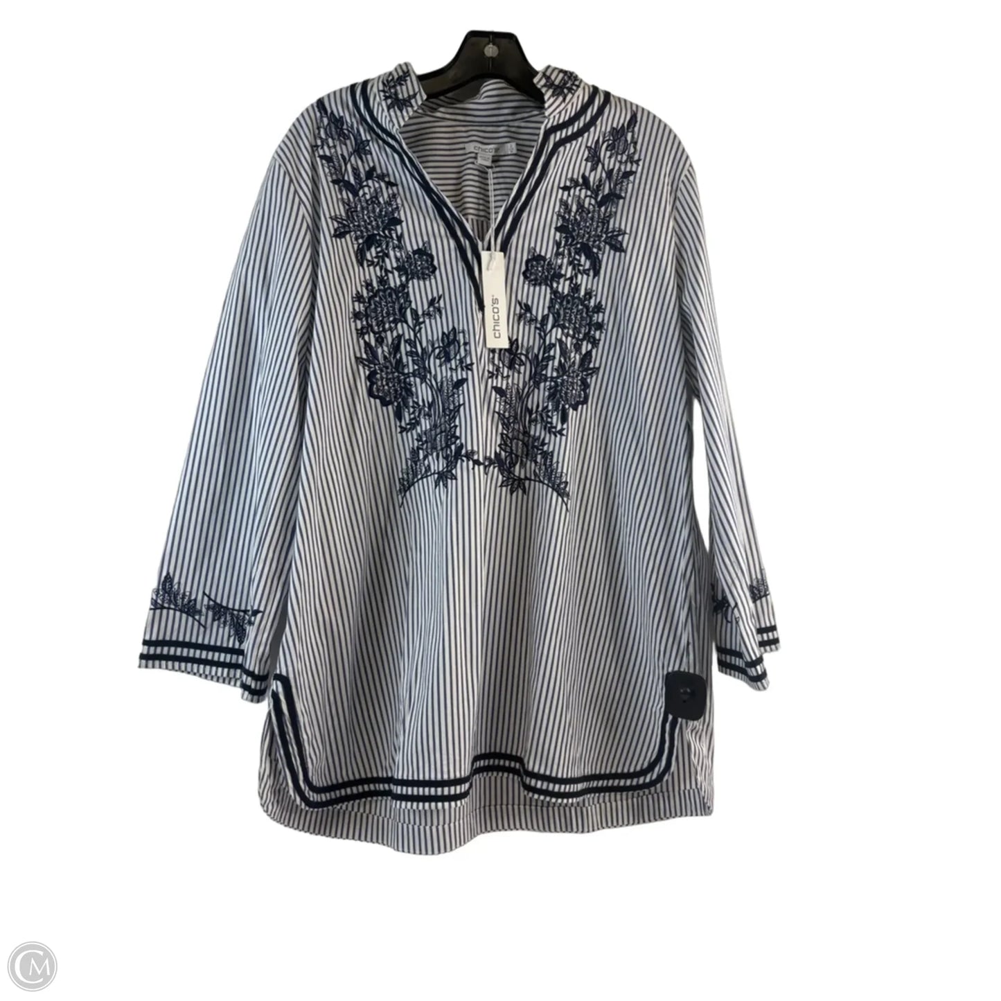 Top 3/4 Sleeve By Chicos In Blue & White, Size: L