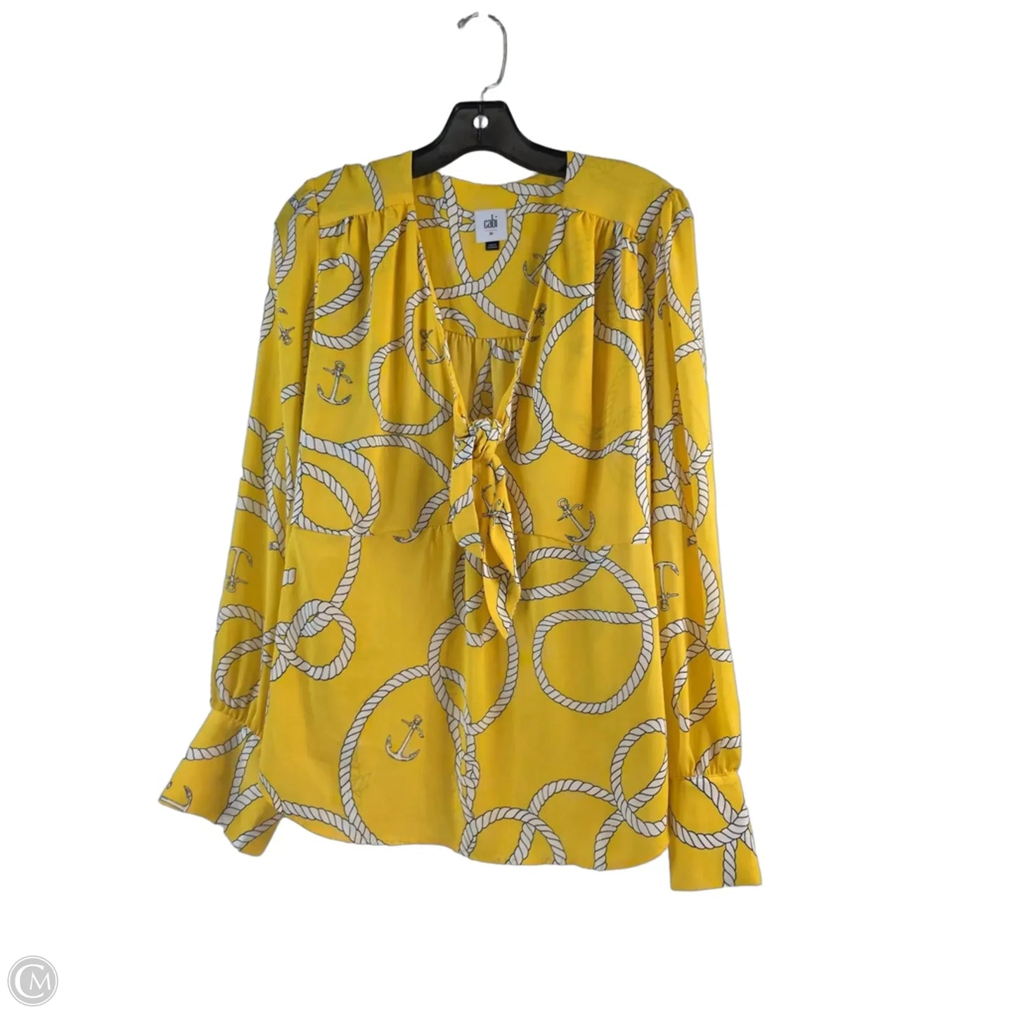 Top Long Sleeve By Cabi In White & Yellow, Size: M