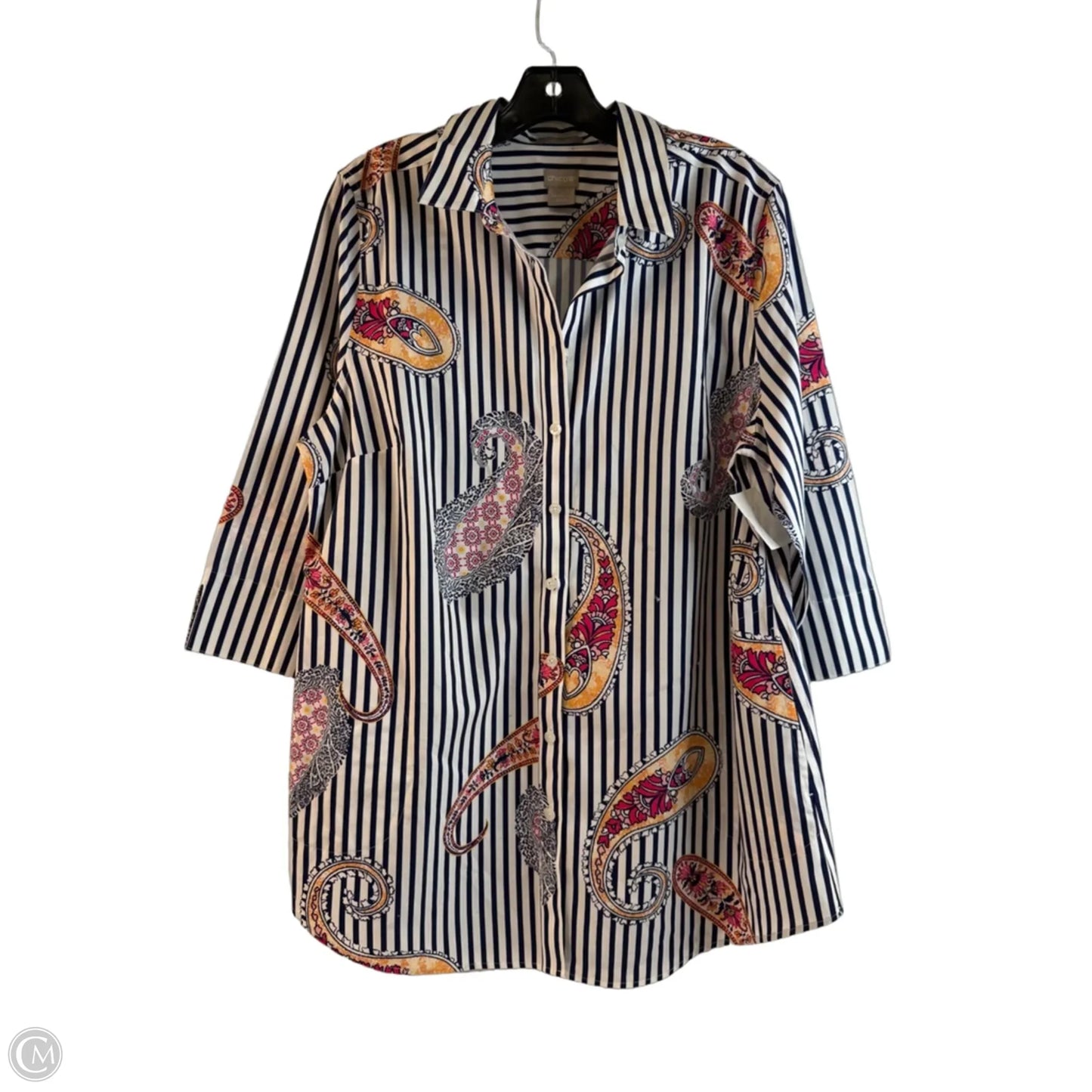 Top 3/4 Sleeve By Chicos In Striped Pattern, Size: L