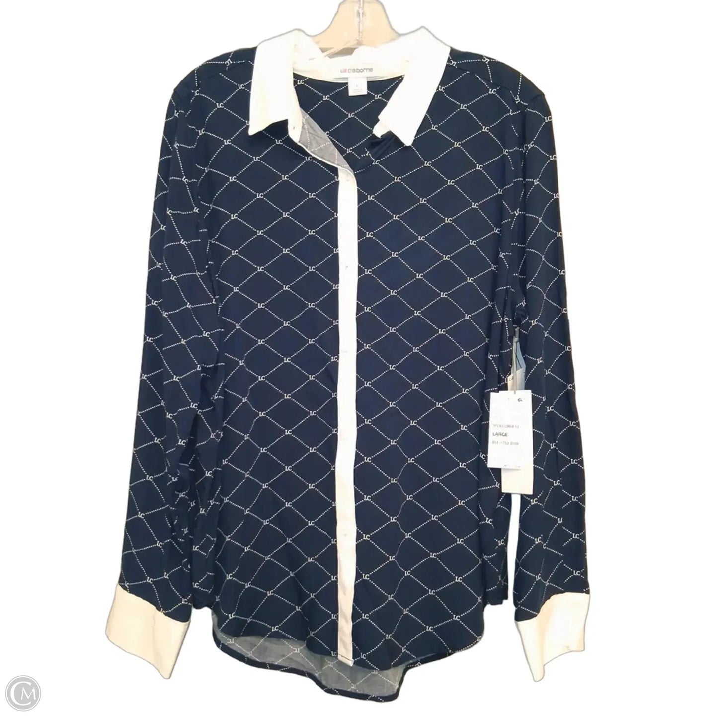 Blouse Long Sleeve By Liz Claiborne In Blue & White, Size: L