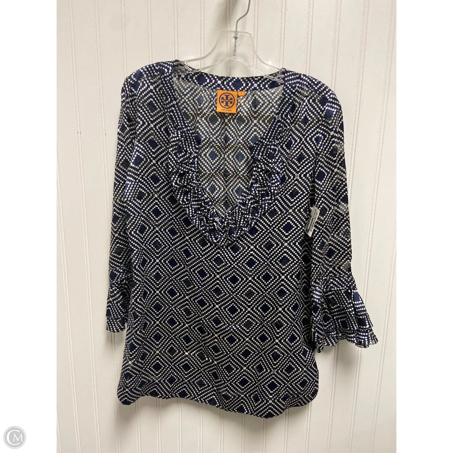 Top Long Sleeve Designer By Tory Burch In Blue & White, Size: S