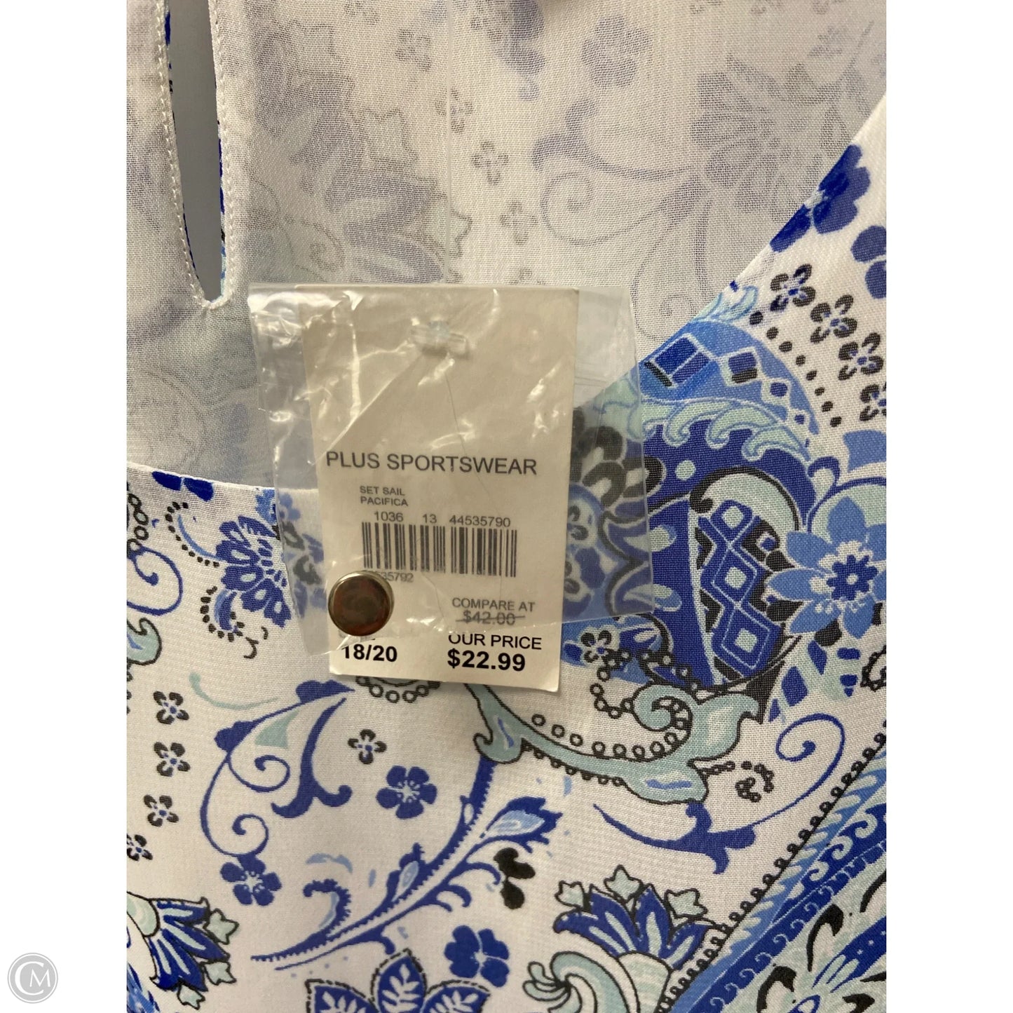 Top Short Sleeve By C Est. 1946 In Blue & White, Size: 2x