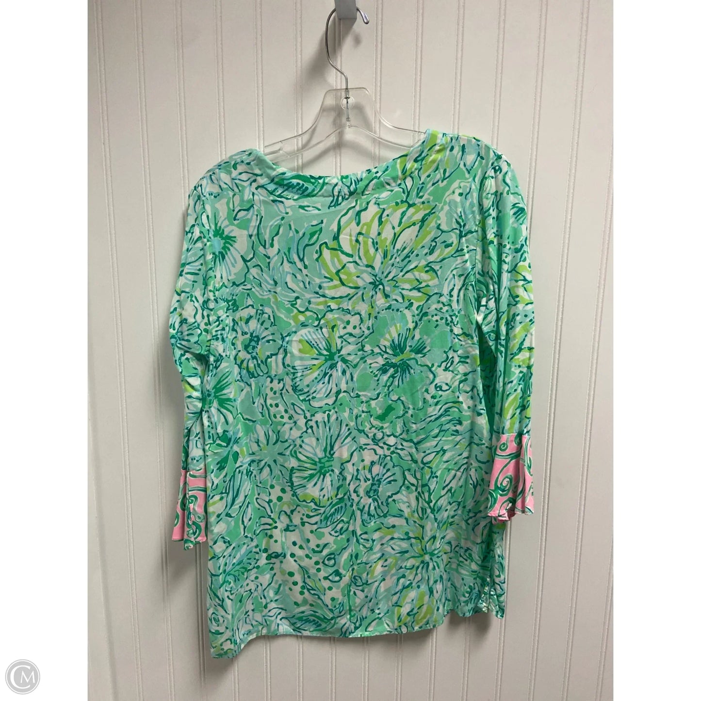 Top Long Sleeve Designer By Lilly Pulitzer In Green & White, Size: S