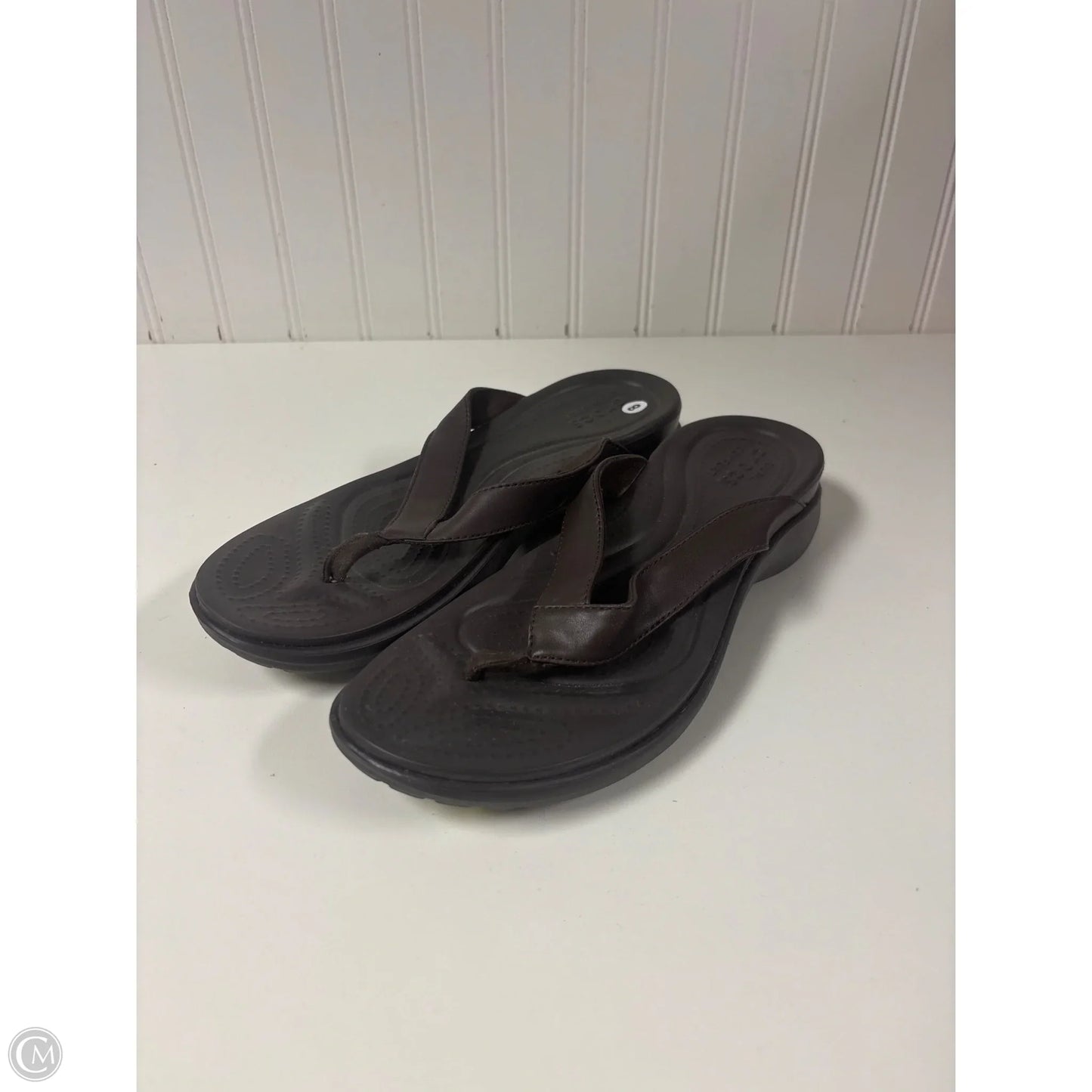 Sandals Flip Flops By Crocs In Brown, Size: 8