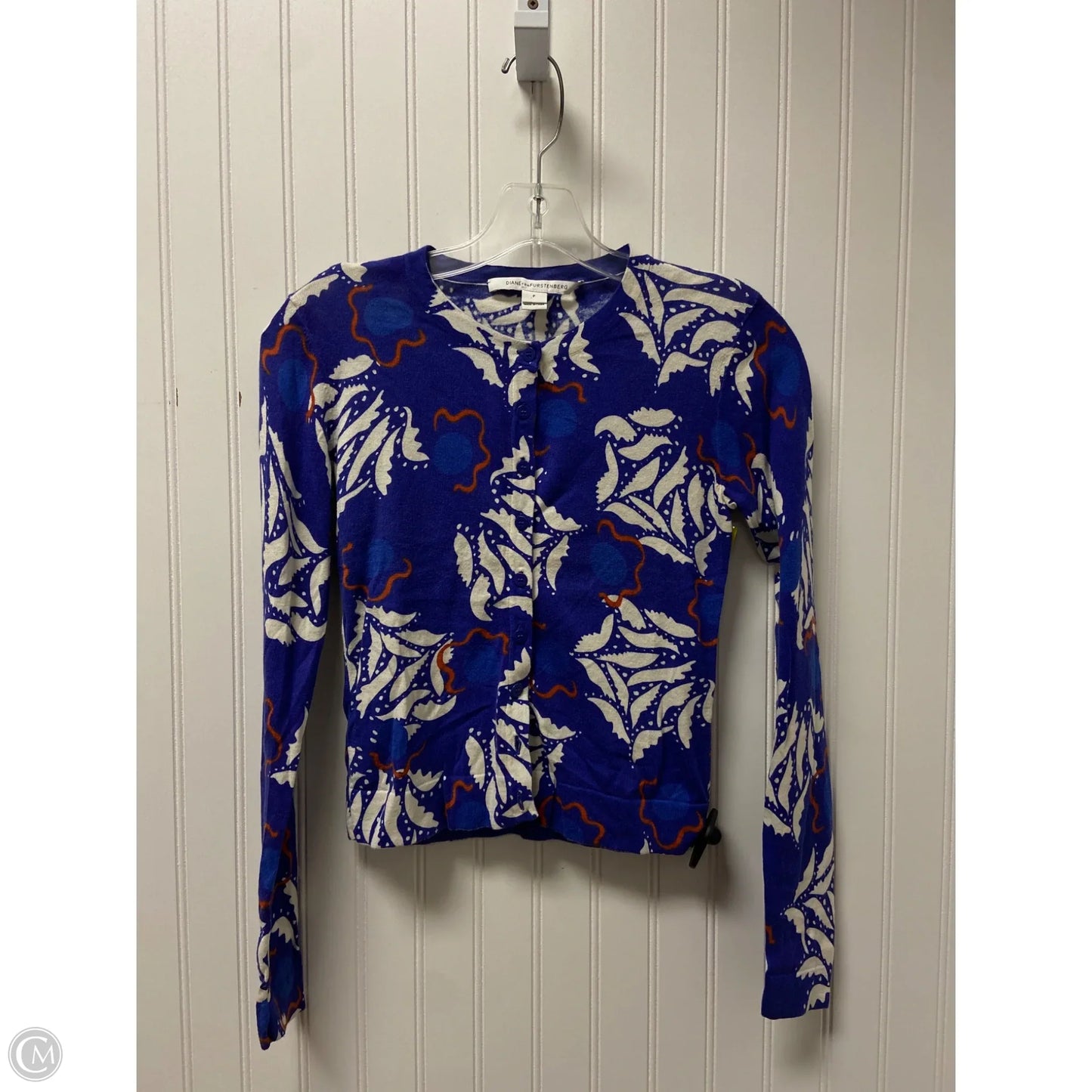 Cardigan Designer By Diane Von Furstenberg In Blue & White, Size: S