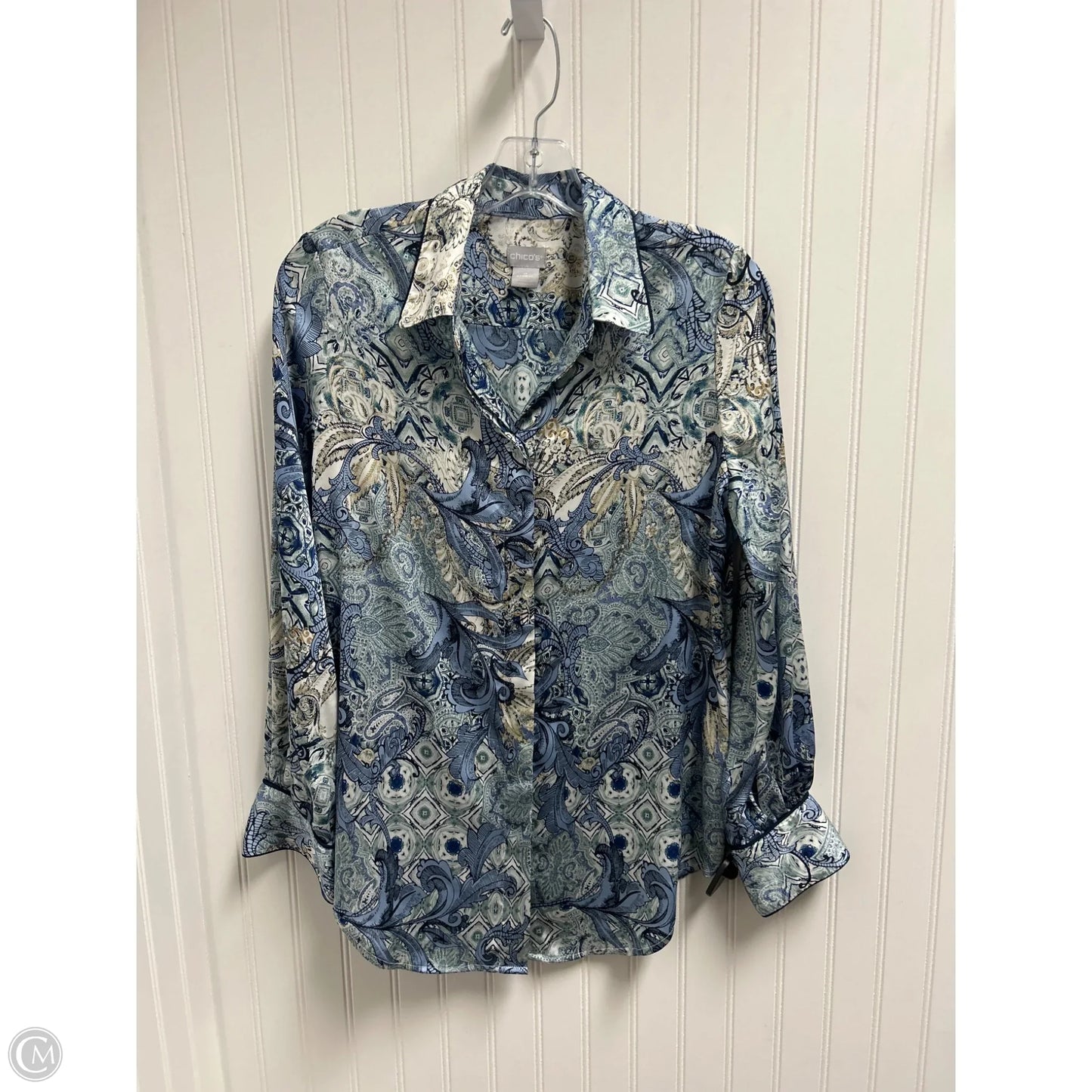 Top Long Sleeve By Chicos In Blue & White, Size: S