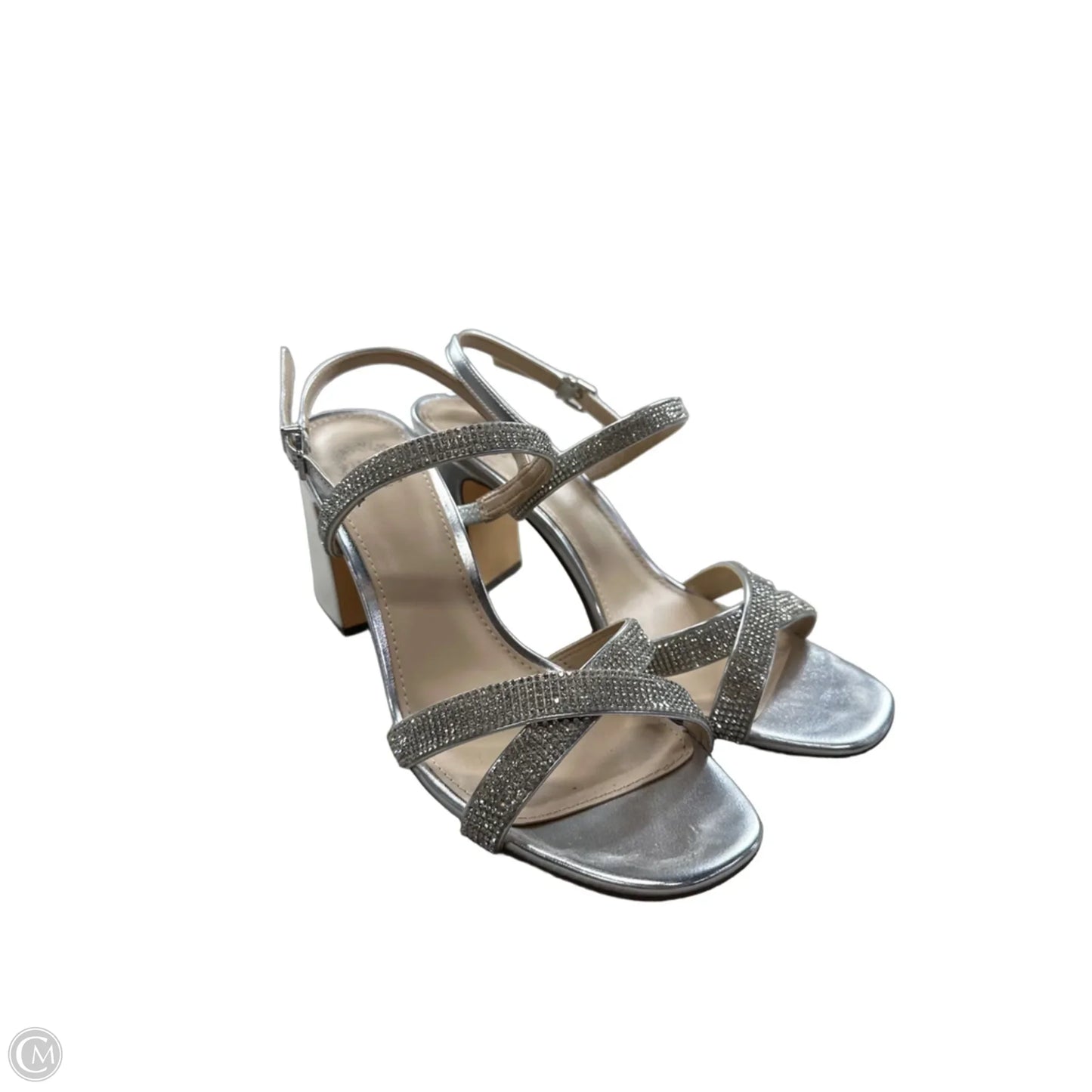 Sandals Heels Block By Clothes Mentor In Silver, Size: 9