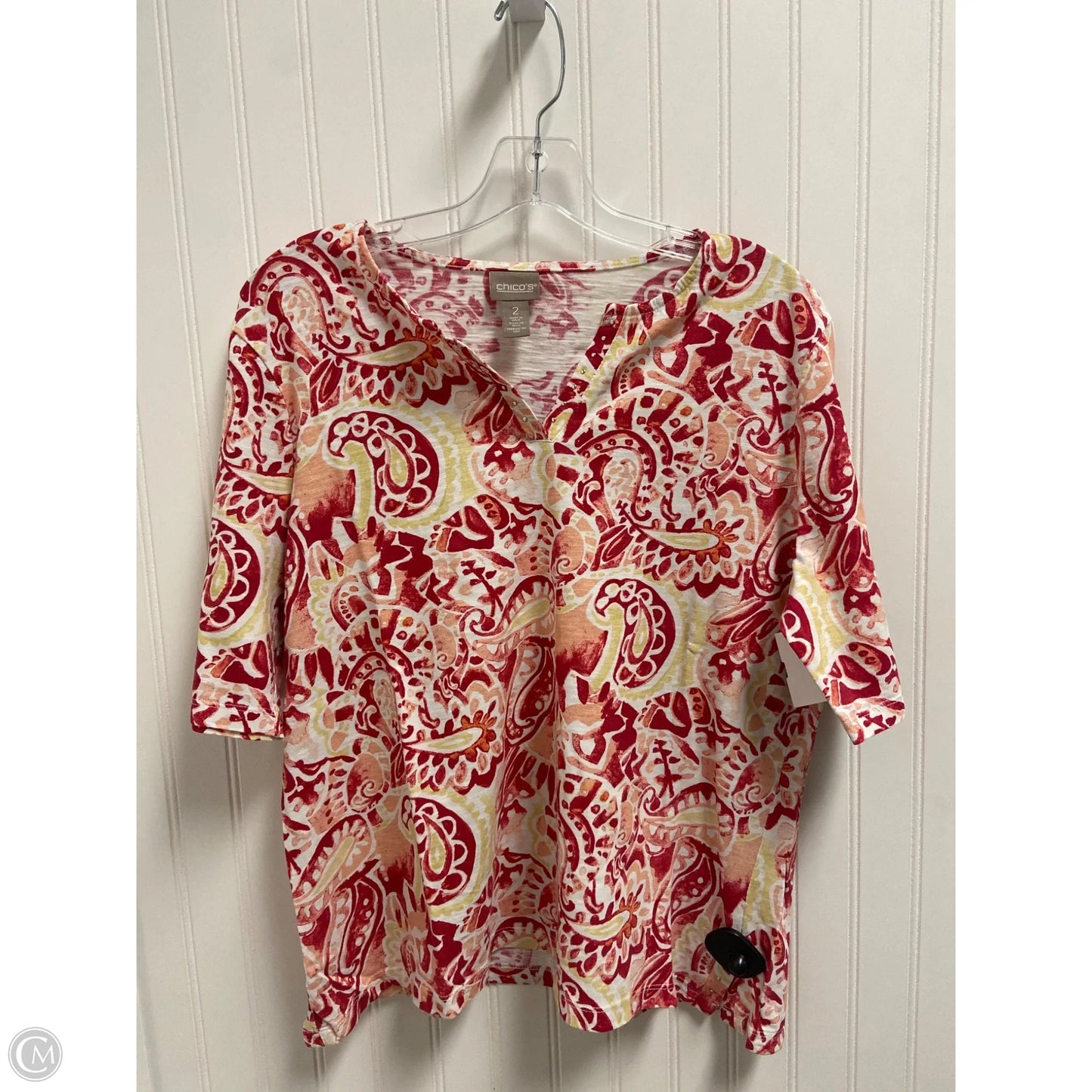 Top Short Sleeve Basic By Chicos In Pink & Yellow, Size: L