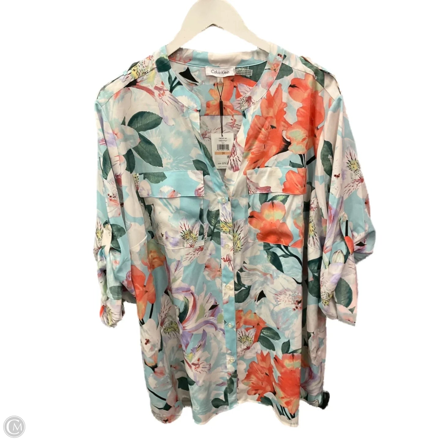 Top Long Sleeve By Calvin Klein In Blue & Orange, Size: 2x