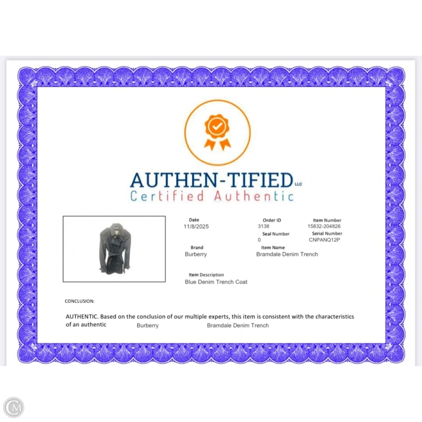 Jacket Luxury Designer By Burberry In Blue Denim, Size: 6