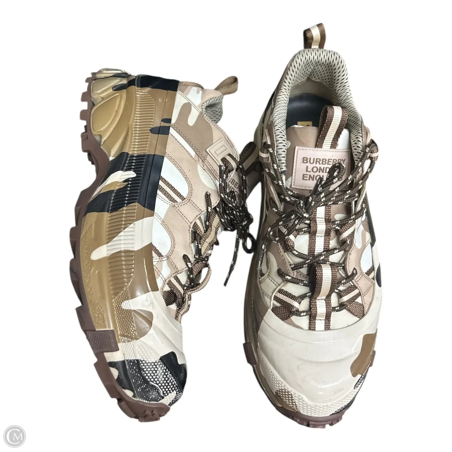 Shoes Luxury Designer By Burberry In Brown & Cream, Size: 10.5