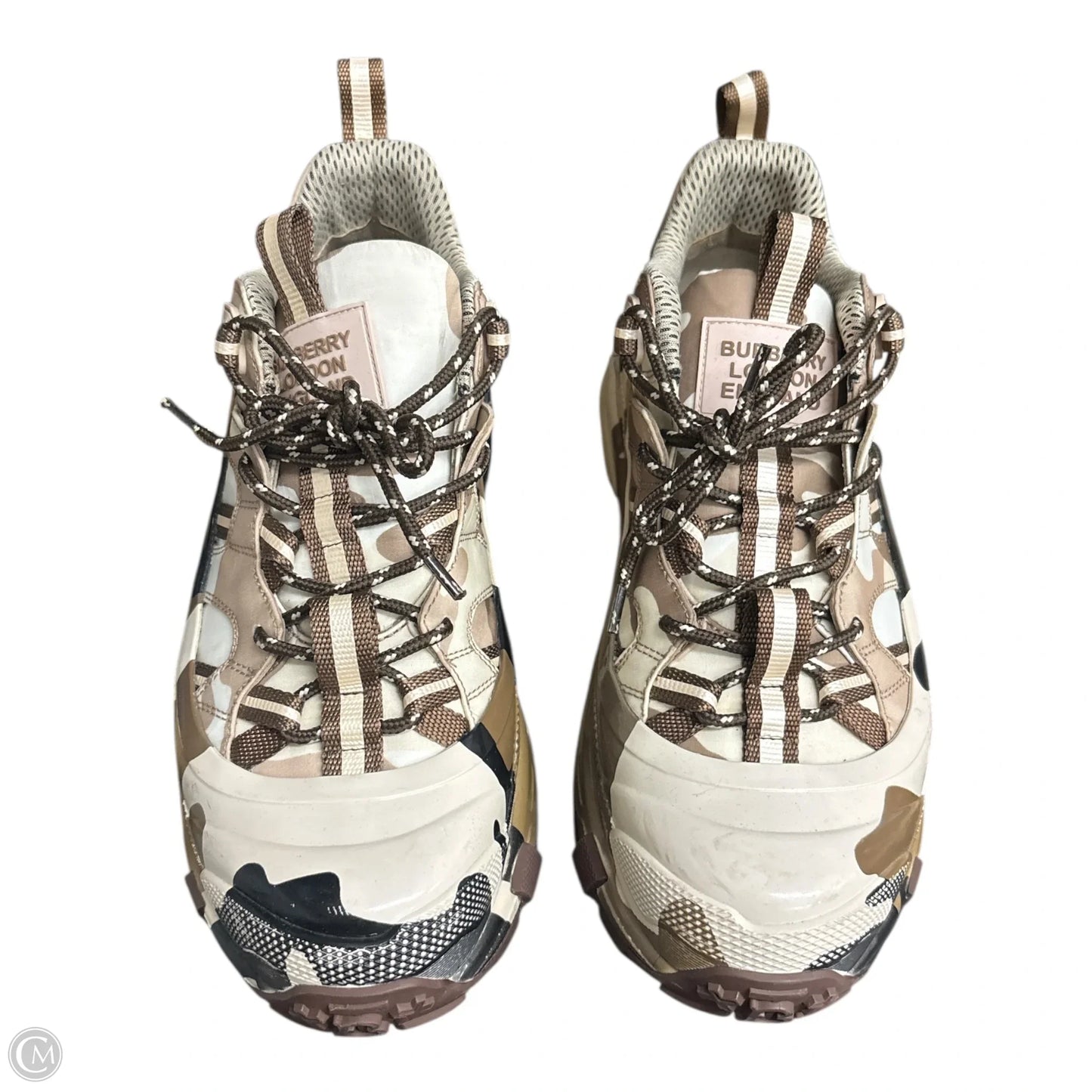 Shoes Luxury Designer By Burberry In Brown & Cream, Size: 10.5