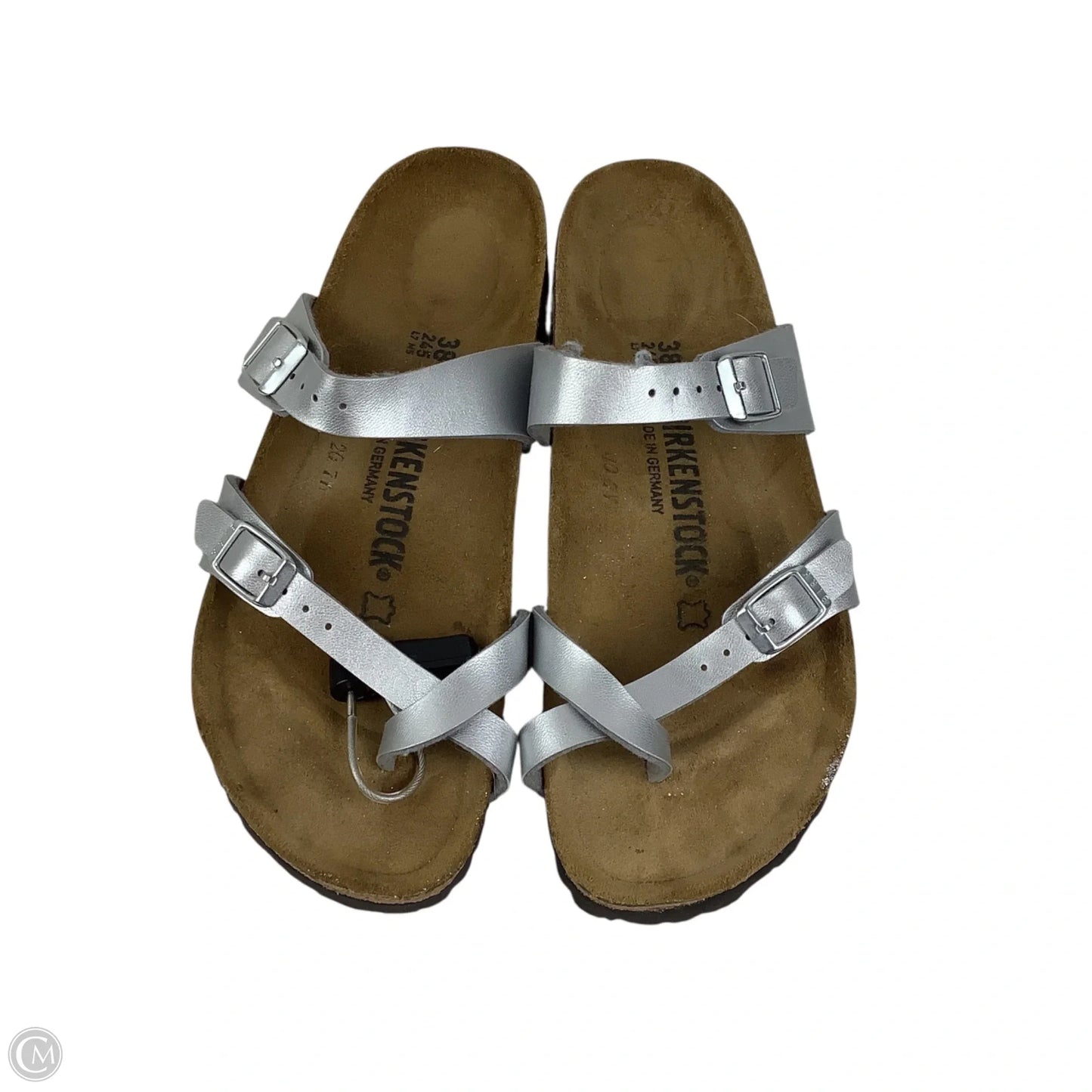 Sandals Flats By Birkenstock In Silver, Size: 7 (38)