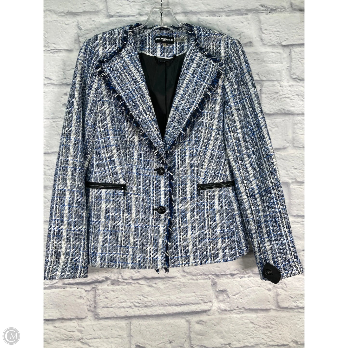 Blazer Designer By Karl Lagerfeld In Blue & White, Size: M