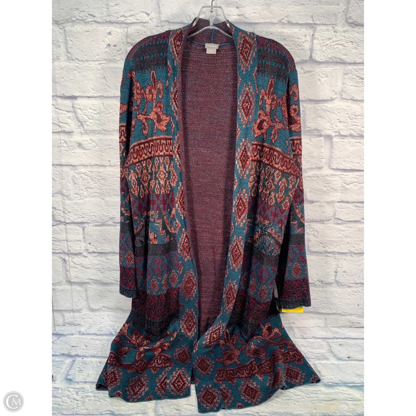 Sweater Cardigan By Chicos In Green & Purple, Size: Xl