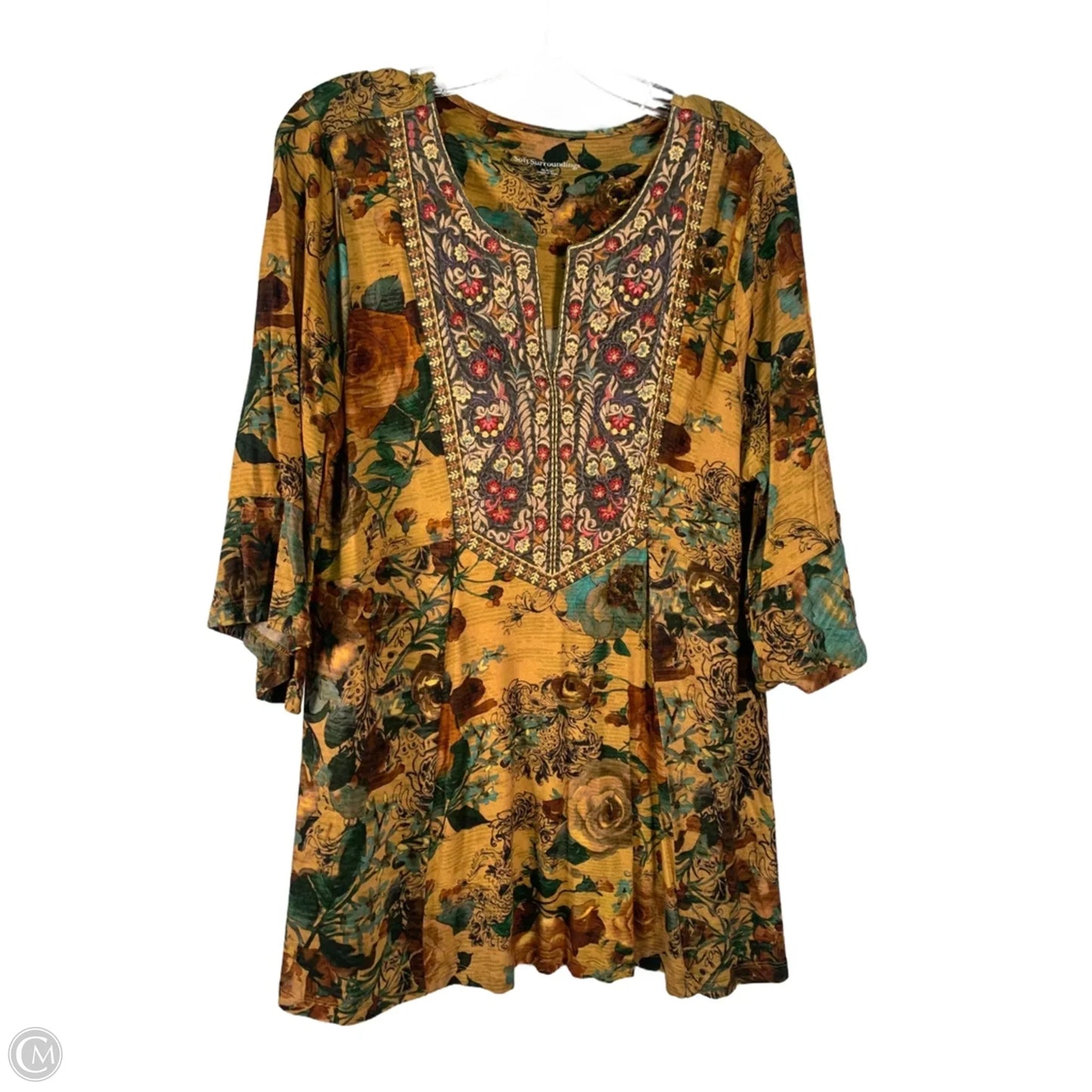 Tunic 3/4 Sleeve By Soft Surroundings In Green & Yellow, Size: Xl