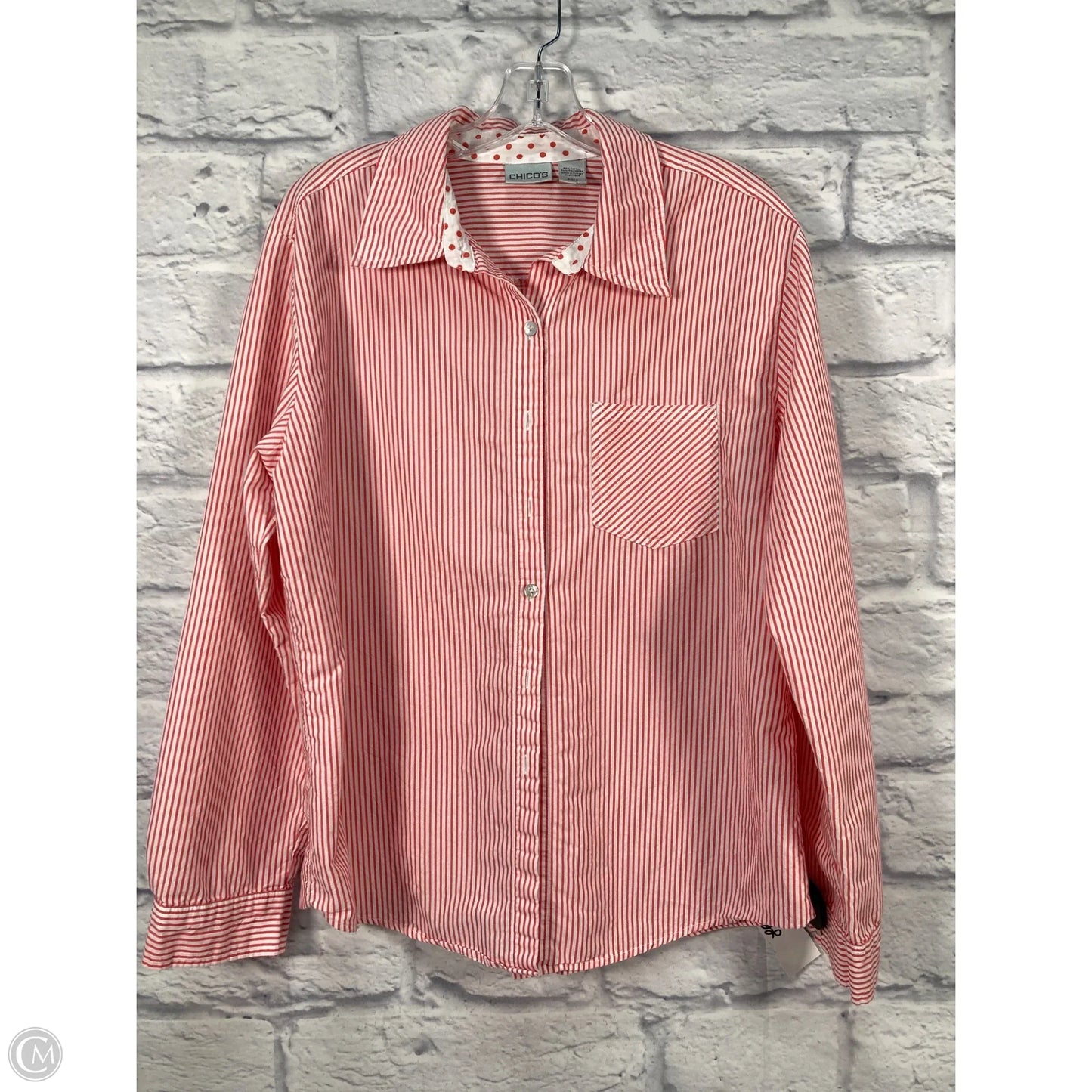 Blouse Long Sleeve By Chicos In Red & White, Size: L