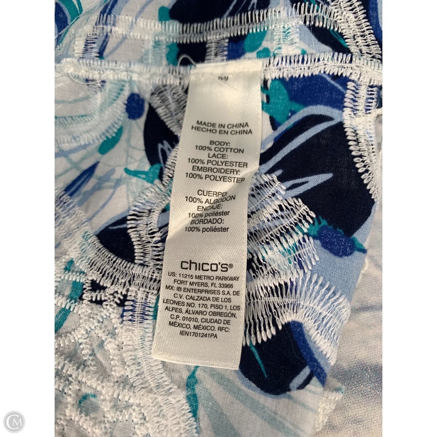 Top 3/4 Sleeve By Chicos In Blue & White, Size: Xl
