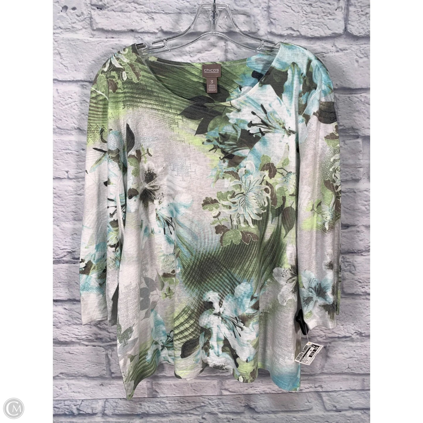 Top 3/4 Sleeve By Chicos In Green & Grey, Size: Xl