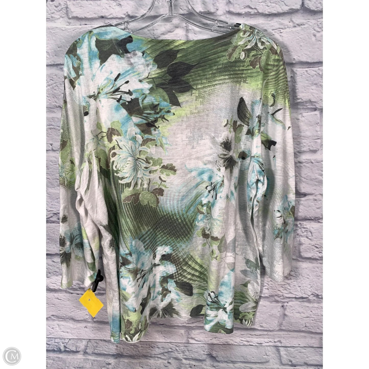 Top 3/4 Sleeve By Chicos In Green & Grey, Size: Xl