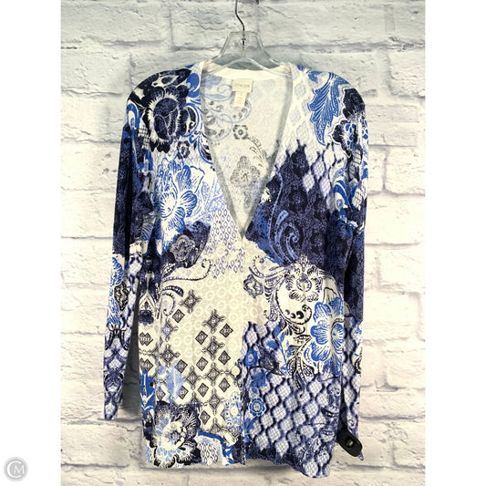 Sweater Cardigan By Chicos In Blue & White, Size: M