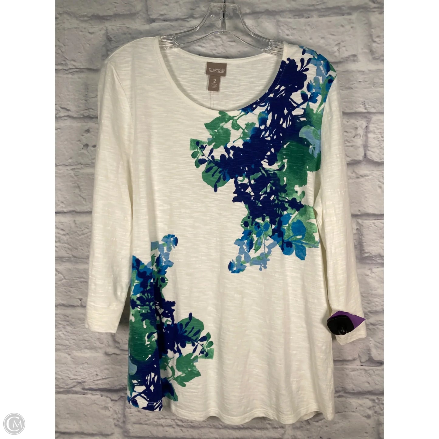 Top 3/4 Sleeve By Chicos In Blue & White, Size: L