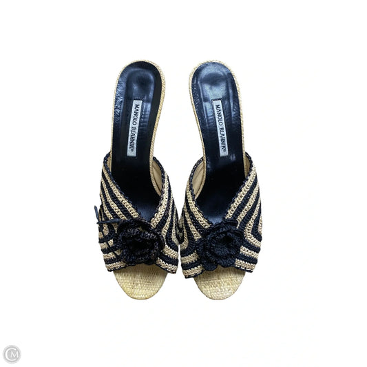 Sandals Luxury Designer By Manolo Blahnik In Black & Tan, Size: 7