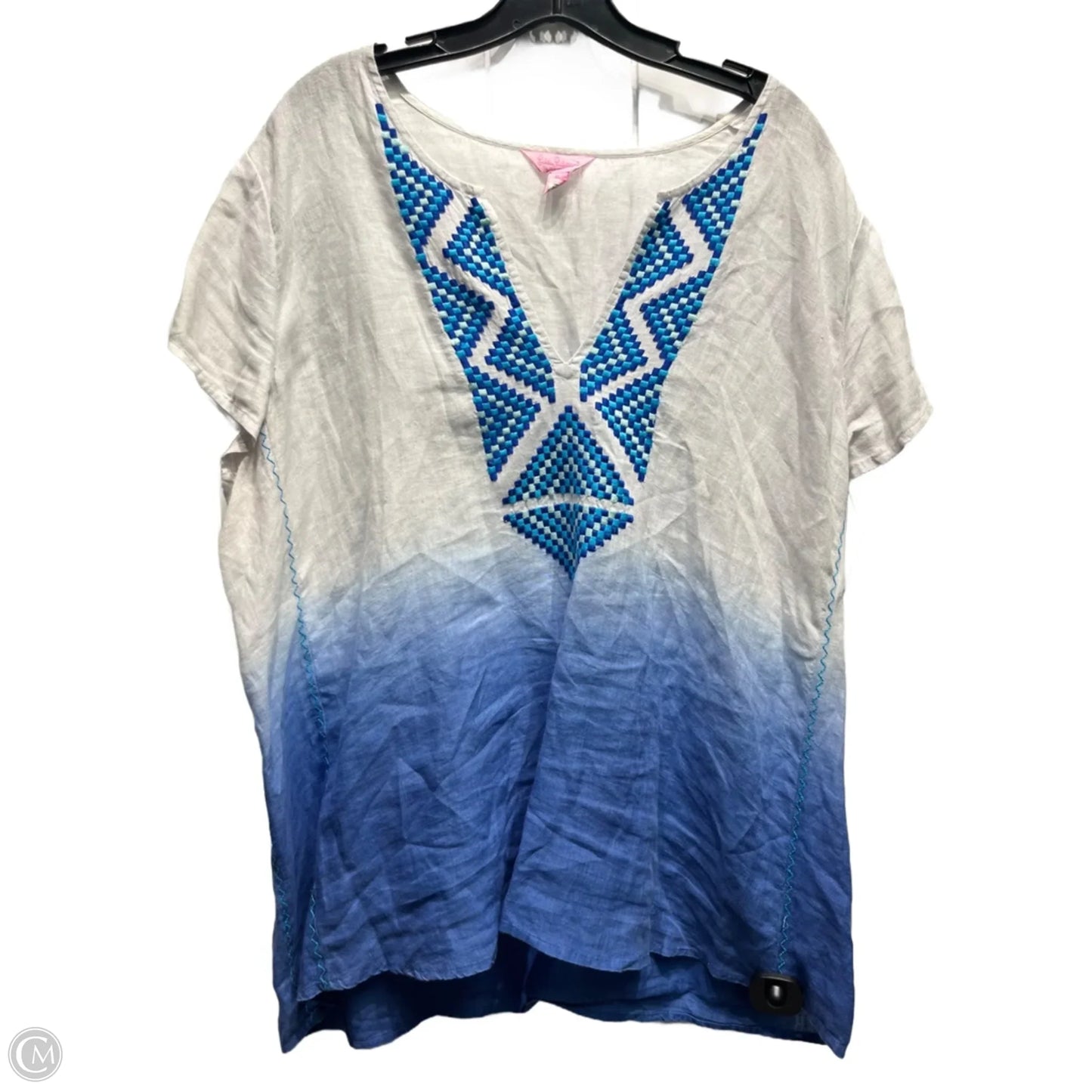 Top Short Sleeve Designer By Lilly Pulitzer In Blue & White, Size: Xl