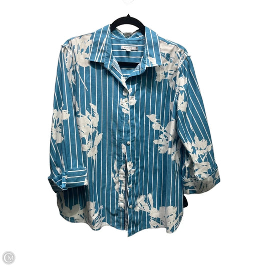 Top 3/4 Sleeve By Chicos In Blue & White, Size: 16