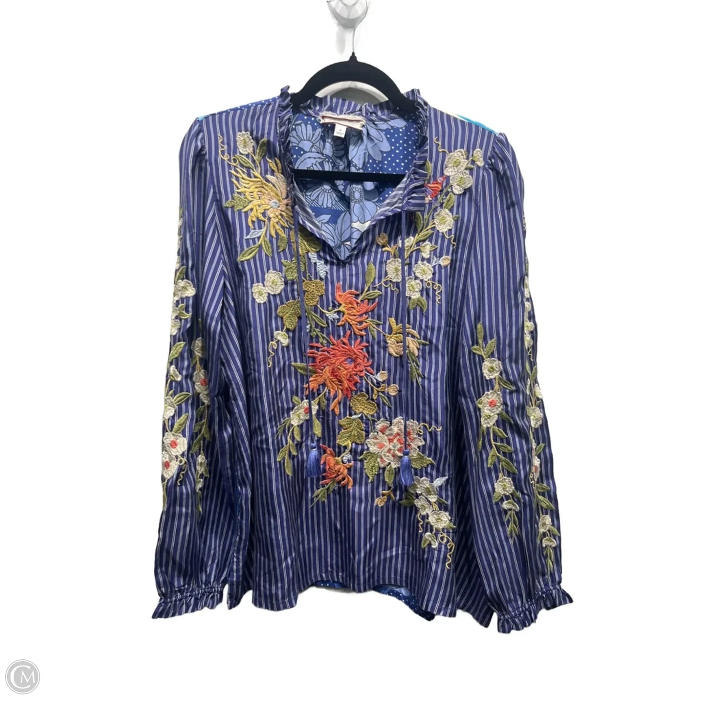 Blouse Long Sleeve By Johnny Was In Blue & White, Size: S