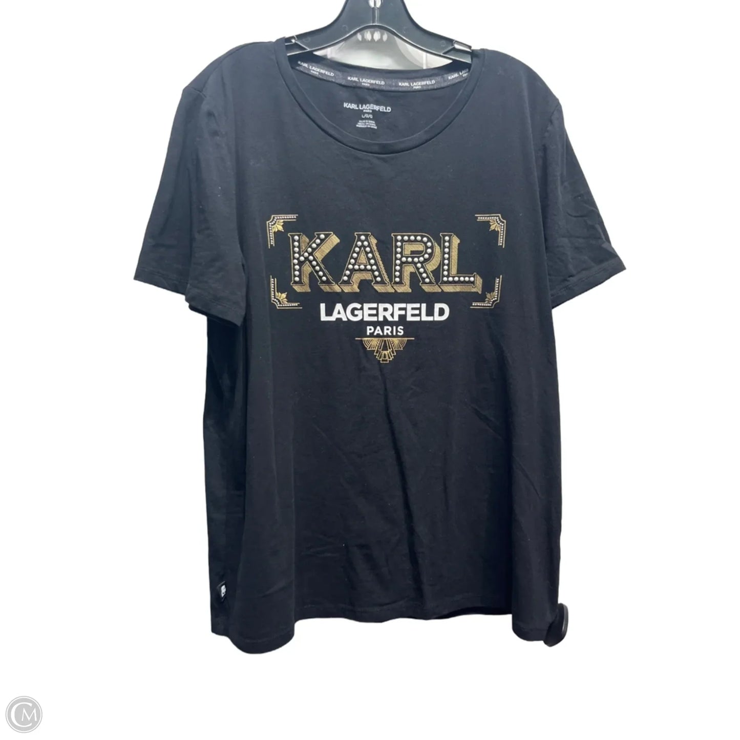 Top Short Sleeve Designer By Karl Lagerfeld In Black & Gold, Size: L