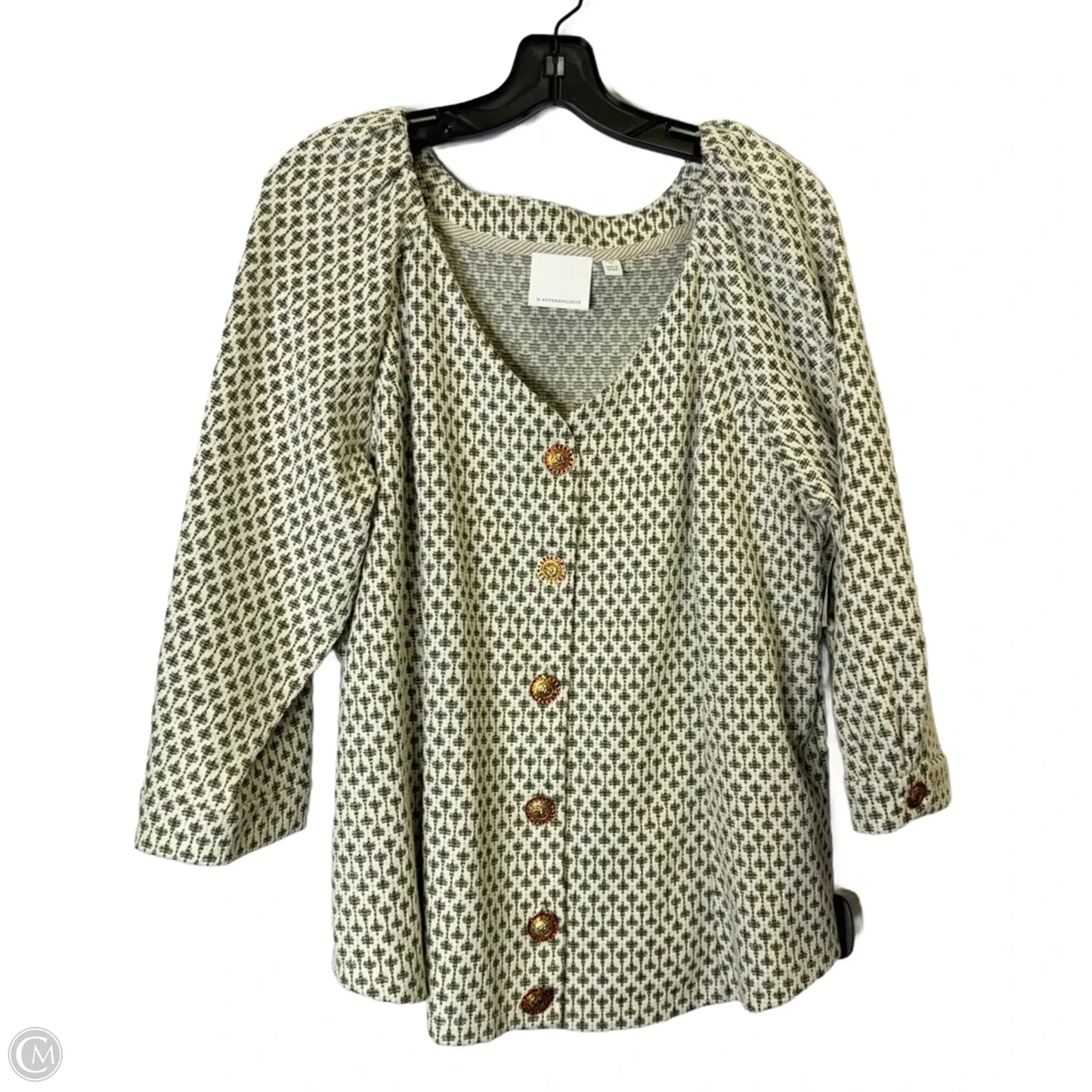 Jacket Shirt By Anthropologie In Cream & Green, Size: Xl