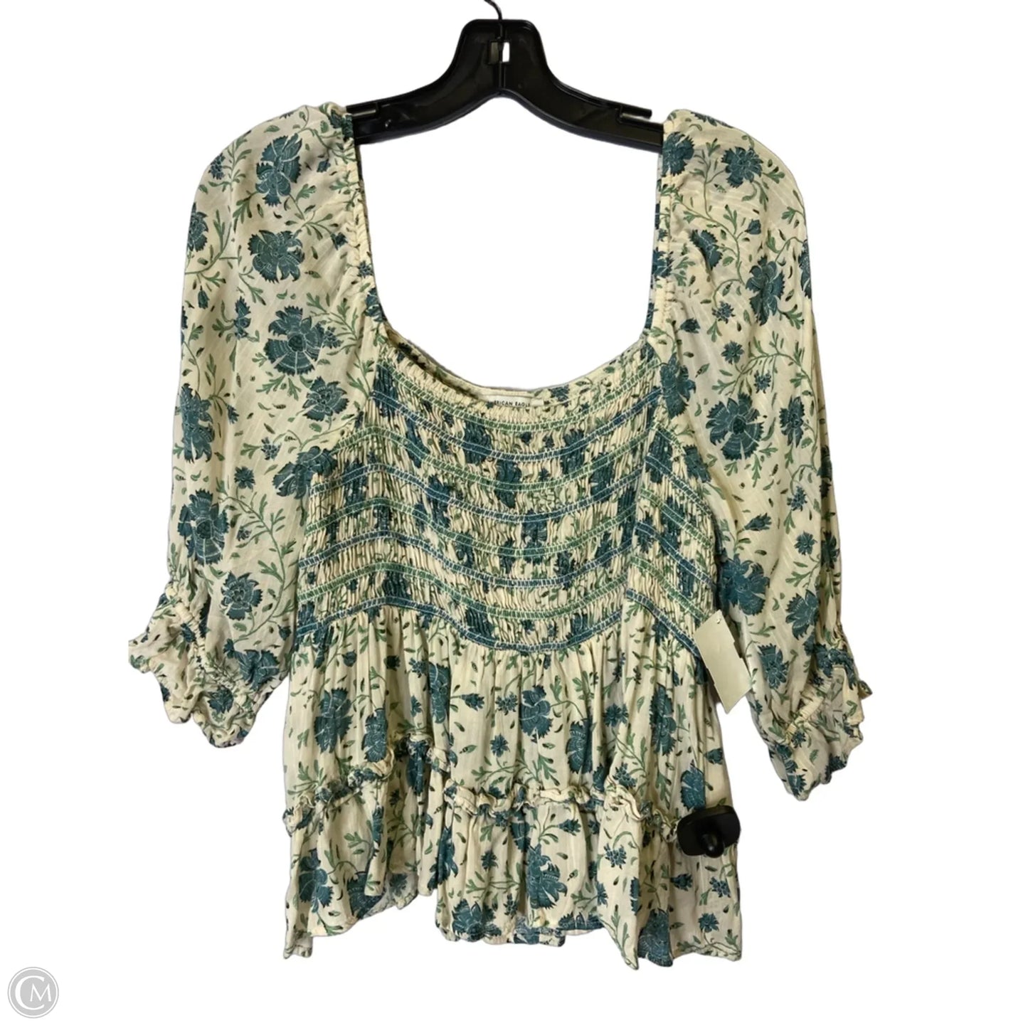 Top Short Sleeve By American Eagle In Cream & Green, Size: L