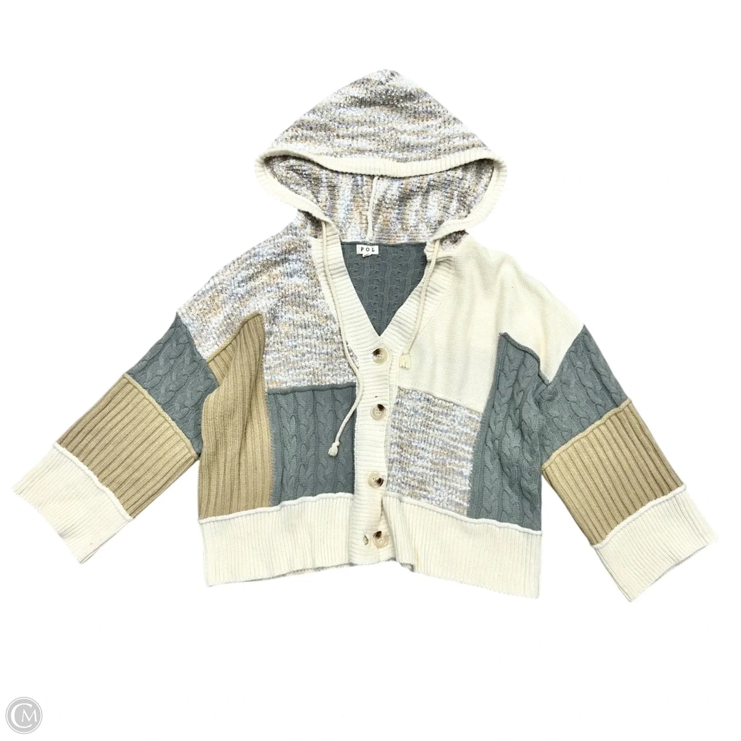 Sweater Cardigan By Pol In Cream & Grey, Size: M