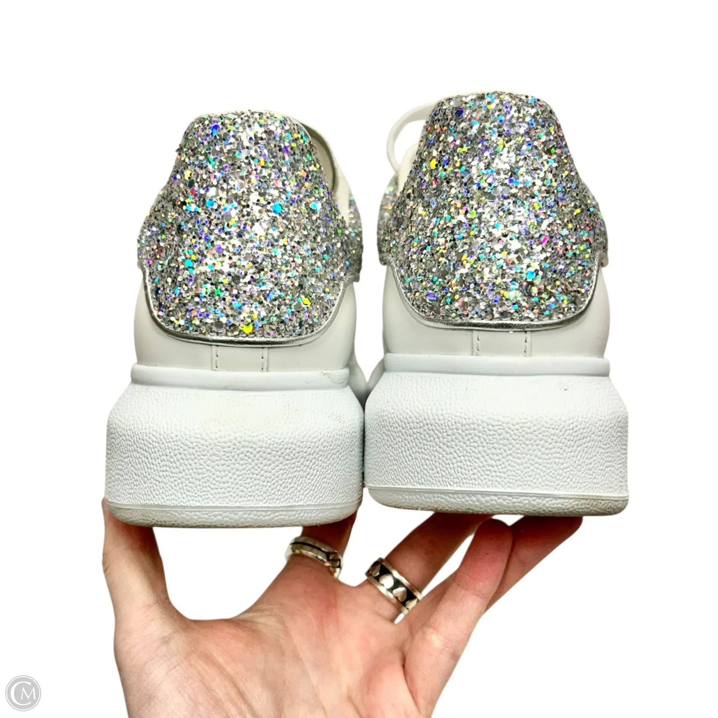 Shoes Luxury Designer By Alexander Mcqueen In Silver & White, Size: 8.5