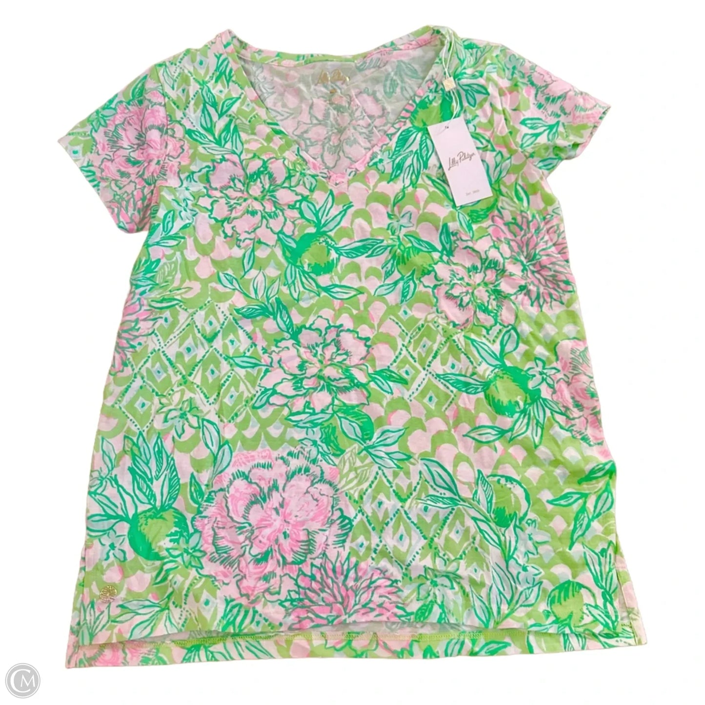 Top Short Sleeve Designer By Lilly Pulitzer In Green & Pink, Size: S