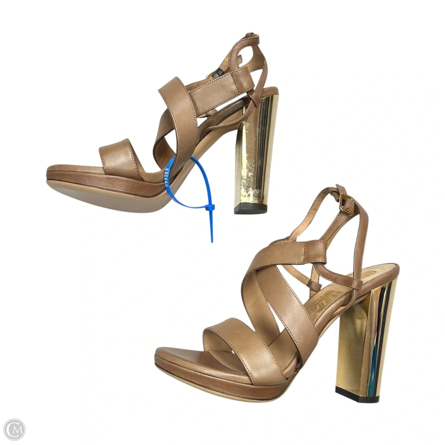 Sandals Luxury Designer By Ferragamo In Brown & Gold, Size: 5.5