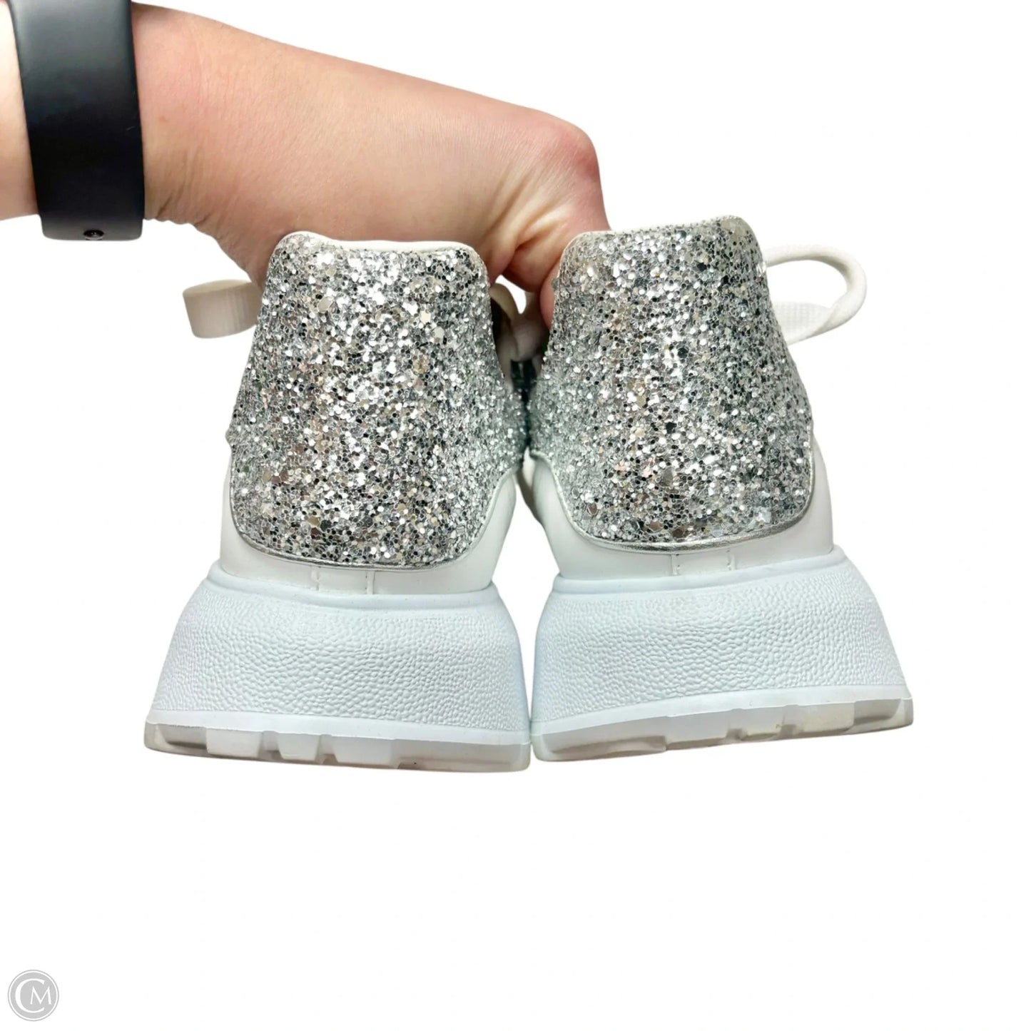 Shoes Luxury Designer By Alexander Mcqueen In Silver & White, Size: 9