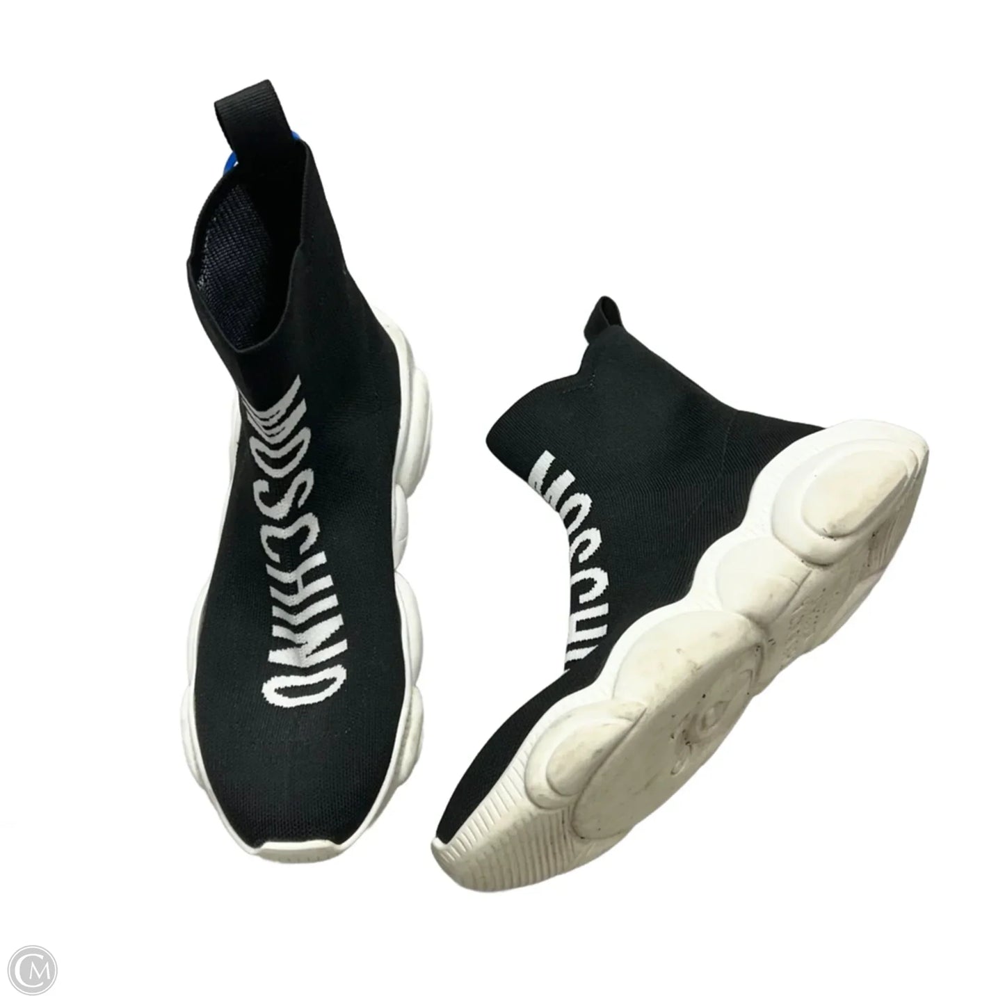 Shoes Luxury Designer By Moschino In Black & White, Size: 9.5