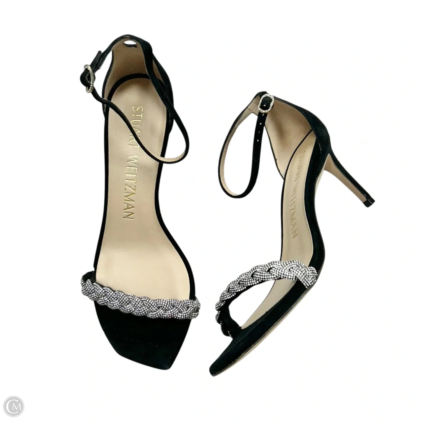 Sandals Designer By Stuart Weitzman In Black & Silver, Size: 6.5