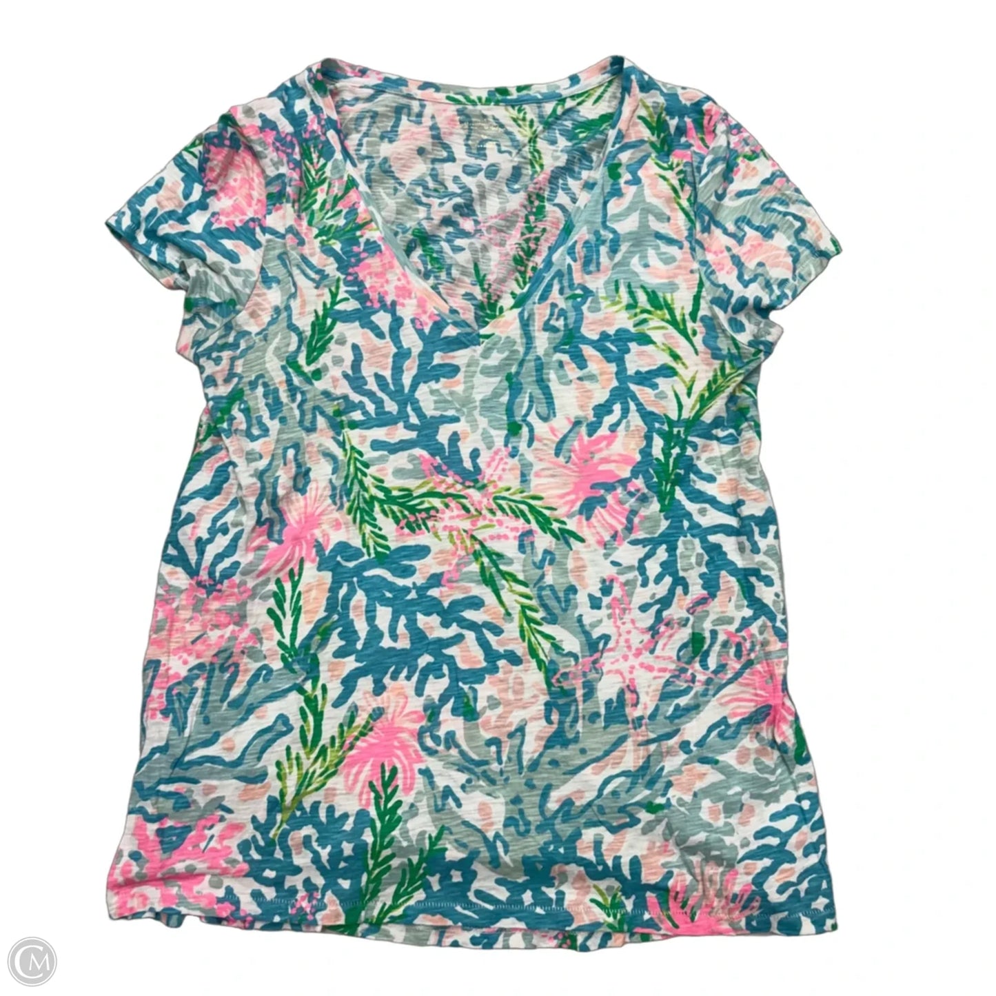 Top Short Sleeve Designer By Lilly Pulitzer In Blue & White, Size: M